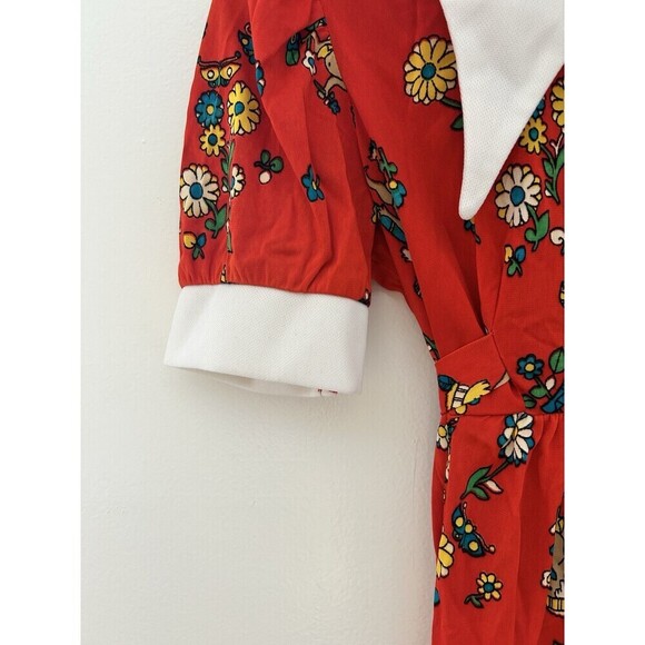 VTG 70s Retro Daisy Native American Print White Wing Collared Girls Red Dress - Picture 3 of 6